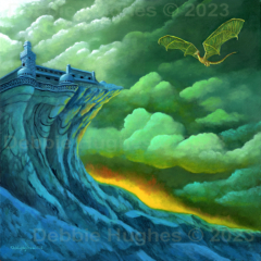 fairy tale, dragon, castle, mountain, clouds, fire, dramatic