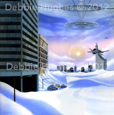 science fiction, dystopian, global warming, extinction, futuristic, ice, snow, ships, mothership