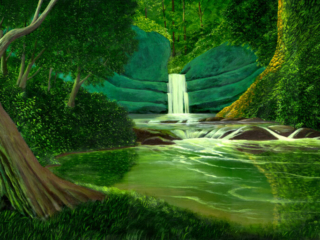 waterfall, forest, fantasy landscape, river, creek, magical realism