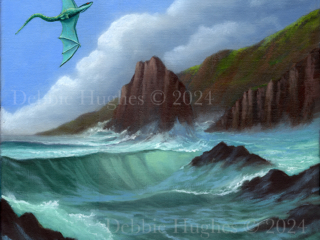 dragon, ocean, crashing waves, rock formations, water, sea