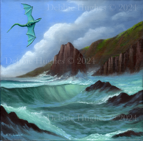 dragon, ocean, crashing waves, rock formations, water, sea