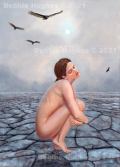 desolate landscape, nude figure, global warming, vultures, dry land, desert, ashen