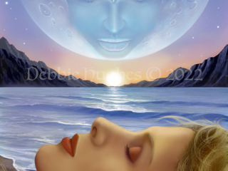 Spiritual, science fiction, mystical, dreamy, moon, ocean, waves