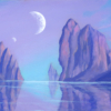 science fiction landscape, alien, distant planet, moons, water, placid, lake, mountainous, reflective lake