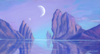 science fiction landscape, alien, distant planet, moons, water, placid, lake, mountainous, reflective lake