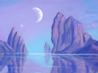 science fiction landscape, alien, distant planet, moons, water, placid, lake, mountainous, reflective lake