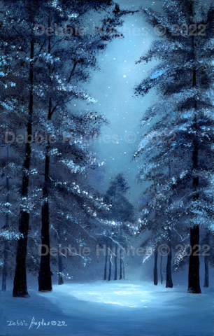 snowy landscape, forest, moonlight, snow, stars, falling snow, ice