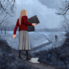 young girl walking, books, ghost, winter, path, ice, frost, fog, bare trees, fear, startled, frozen, tailcoat, spirit, woods