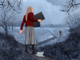 young girl walking, books, ghost, winter, path, ice, frost, fog, bare trees, fear, startled, frozen, tailcoat, spirit, woods