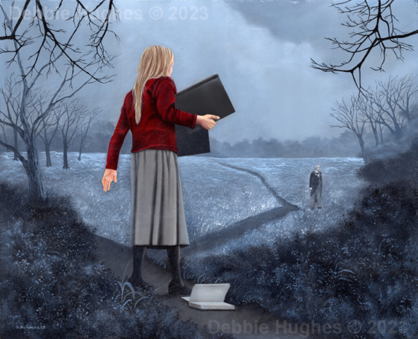 young girl walking, books, ghost, winter, path, ice, frost, fog, bare trees, fear, startled, frozen, tailcoat, spirit, woods