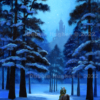 Castle, traveler, horseback, snow, moonlit, night, stars, snow, snowing, peaceful