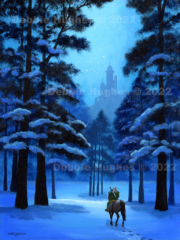 Castle, traveler, horseback, snow, moonlit, night, stars, snow, snowing, peaceful