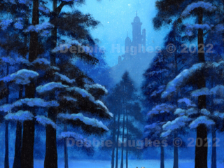 Castle, traveler, horseback, snow, moonlit, night, stars, snow, snowing, peaceful