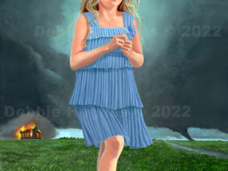 tumultuous landscape, global warming, tornadoes, burning house, fire, young girl, innocence