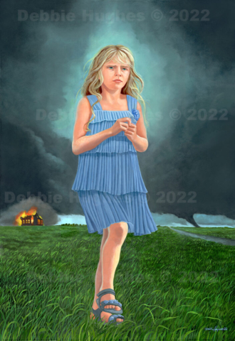tumultuous landscape, global warming, tornadoes, burning house, fire, young girl, innocence