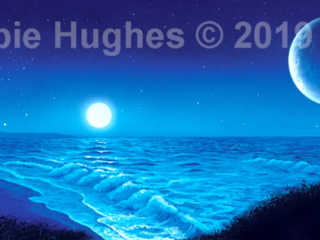 ocean, moons, stars, evening, seashore, waves, oceanscape, night