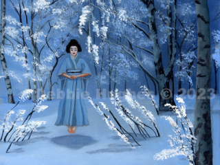 Japanese myth, ghost, spirit in forest, geisha, spooky, ghost, avenging spirit, snow, winter