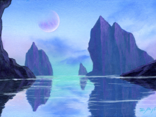 science fiction landscape, alien, distant planet, moons, water, placid, lake, mountainous, reflective lake
