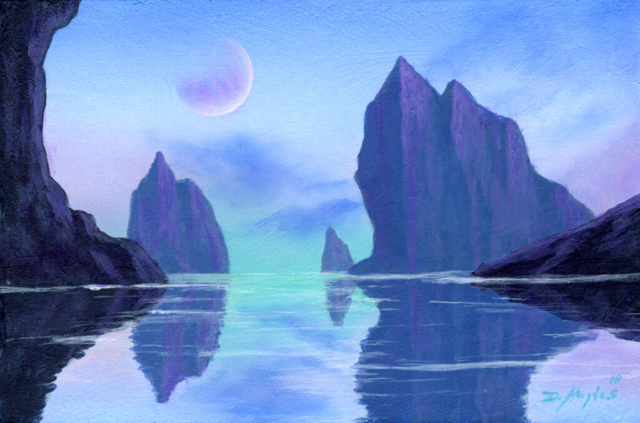 science fiction landscape, alien, distant planet, moons, water, placid, lake, mountainous, reflective lake