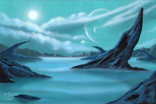 science fiction landscape, alien, distant planet, moons, myst, placid, fog