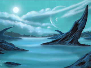 science fiction landscape, alien, distant planet, moons, myst, placid, fog