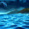 Dragon, sea, castle, ocean, mountains, storm, beacon light, night