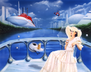 Futuristic, river, city, robots, bots, southern charm, riverboat, space boat, ships