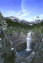 space travel, science fiction, alien, waterfall, saturn like planet, alien planets