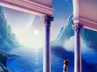 Fantasy, ethereal, moons, windy, ocean, magical, sea, columns, castle
