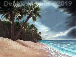 Beach, ocean, waves, palm trees, sand, storm, ocean