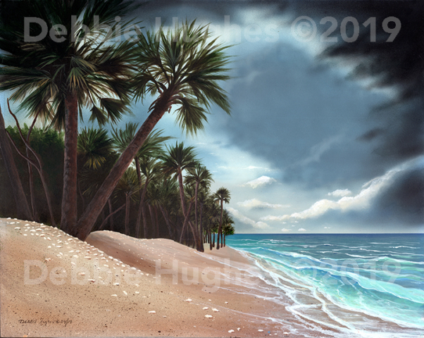 Beach, ocean, waves, palm trees, sand, storm, ocean