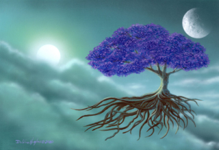 flying tree, magic realism, fantasy, science fiction, mountains, clouds, alien, mystical
