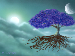 flying tree, magic realism, fantasy, science fiction, mountains, clouds, alien, mystical