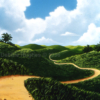 fantasy, hills, path, green, summer, spring, fairytale, clouds, sunlit