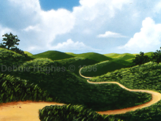 fantasy, hills, path, green, summer, spring, fairytale, clouds, sunlit