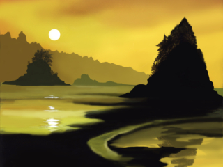 yellow landscape, water, reflections, shoreline, sunlit