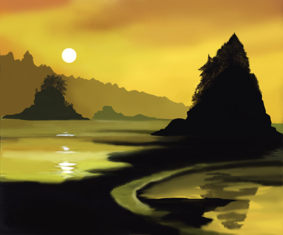yellow landscape, water, reflections, shoreline, sunlit