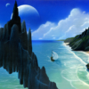 Monuments, sea, ocean, shoreline, alien, moons, race of people