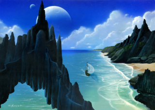 Monuments, sea, ocean, shoreline, alien, moons, race of people