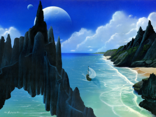 Monuments, sea, ocean, shoreline, alien, moons, race of people