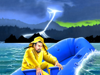Science Fiction, humoristic science fiction, lake, motor boat, mishaps, storm