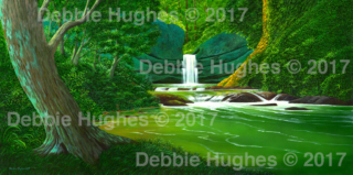 waterfall, landscape, river, spring, forest, lush, green, sunlight, flowing