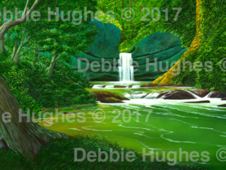 waterfall, landscape, river, spring, forest, lush, green, sunlight, flowing