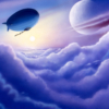 science fiction, blimps, air ships, clouds, moon, skyscape