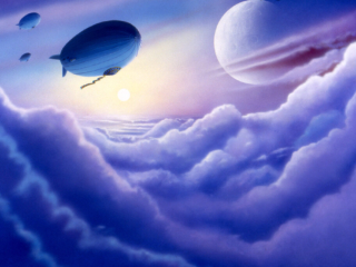 science fiction, blimps, air ships, clouds, moon, skyscape