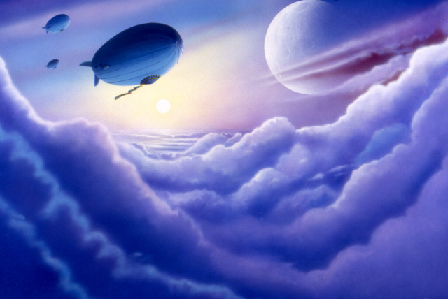 science fiction, blimps, air ships, clouds, moon, skyscape