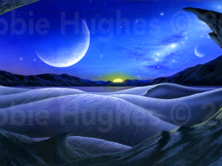 Alien Planet, rock formations, sand dunes, evening, stars, moons, sunset, Science Fiction