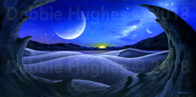Alien Planet, rock formations, sand dunes, evening, stars, moons, sunset, Science Fiction