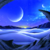 Alien Planet, rock formations, sand dunes, evening, stars, moons, sunset, Science Fiction
