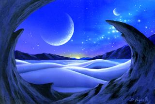 Alien Planet, rock formations, sand dunes, evening, stars, moons, sunset, Science Fiction